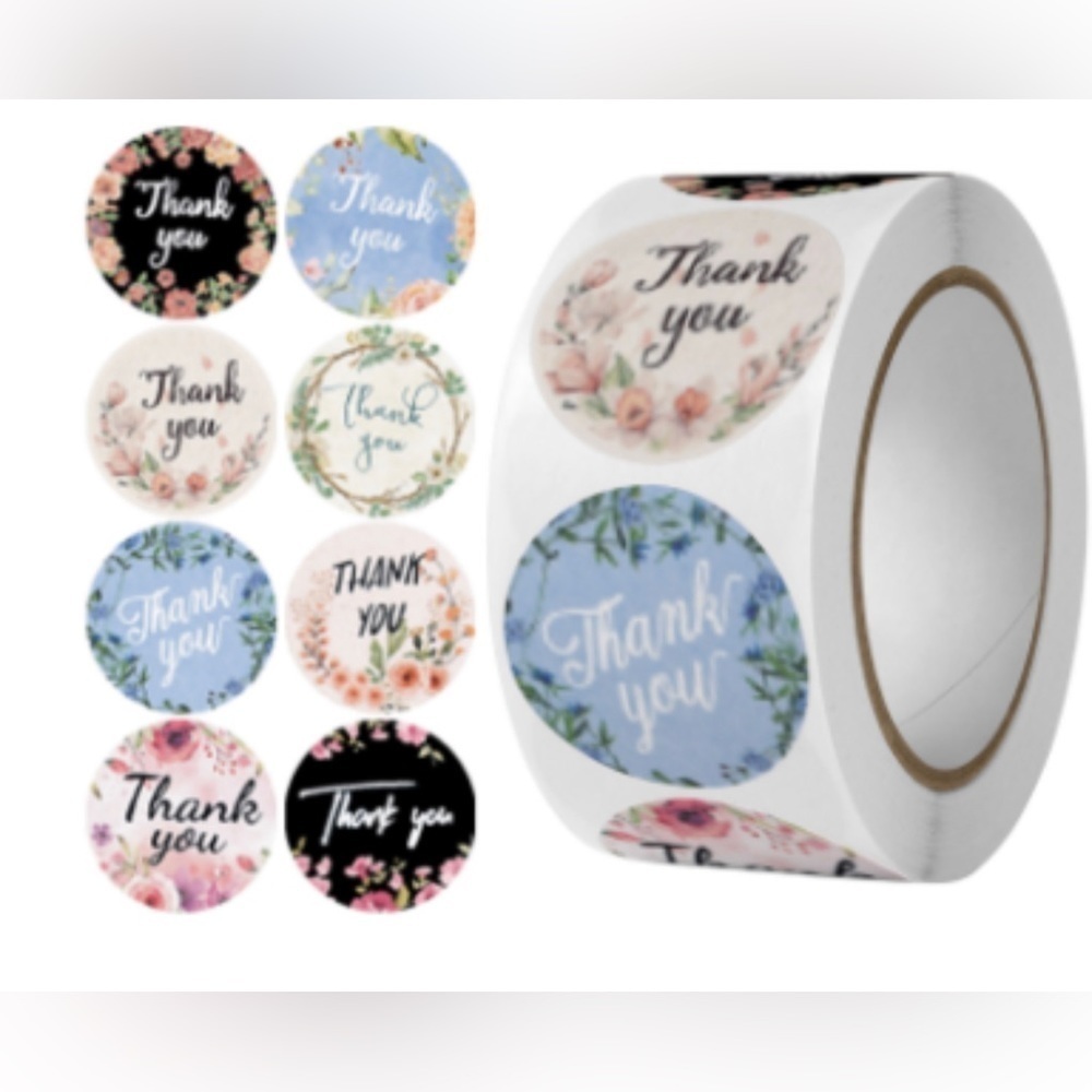 500 pcs 1" Round Frames Thank You Stickers Roll 8Floral Designs NWT​​​​ - Picture 2 of 2
